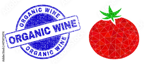 Low-Poly polygonal tomato 2d illustration with Organic Wine rubber stamp. Blue stamp contains Organic Wine caption inside circle form. Tomato icon filled using triangles.