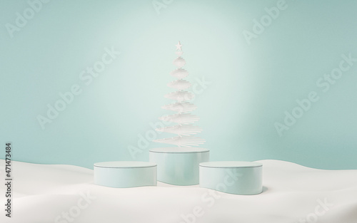 Minimal scene with gifts and pine trees, podium and snowman. green and white, pastel blue shapes. For christmas holiday winter concept and magazines, poster, banner. 3D rendering