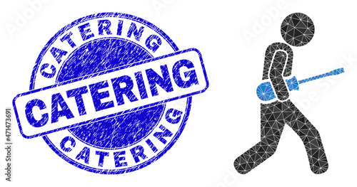 Lowpoly polygonal screwdriver courier 2d illustration with Catering corroded stamp seal. Blue stamp includes Catering text inside round shape. Screwdriver courier icon is filled using triangle mosaic.