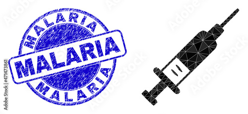 Low-Poly triangulated syringe icon illustration with Malaria grunge seal imitation. Blue seal has Malaria tag inside circle it. Syringe icon filled with triangles.