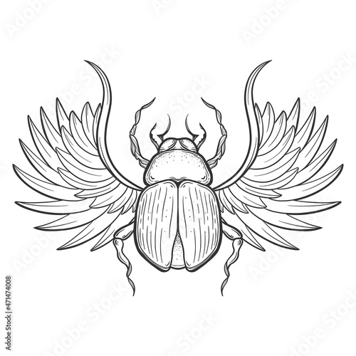 Hand drawn vector illustration - Egyptian collection. Scarab beetle with wings and ankh, symbol of pharaoh. Perfect for invitation, web, postcard, poster, textile, print etc.