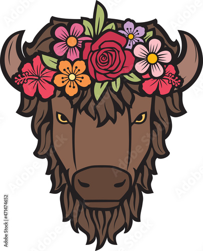 Bison head with flowers vector illustration. Floral American buffalo.