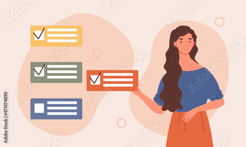 Concept of task completion. Girl happy that she has fulfilled all her plans for day. Successful employee, efficient work, planning. Checklist, time management. Cartoon flat vector illustration