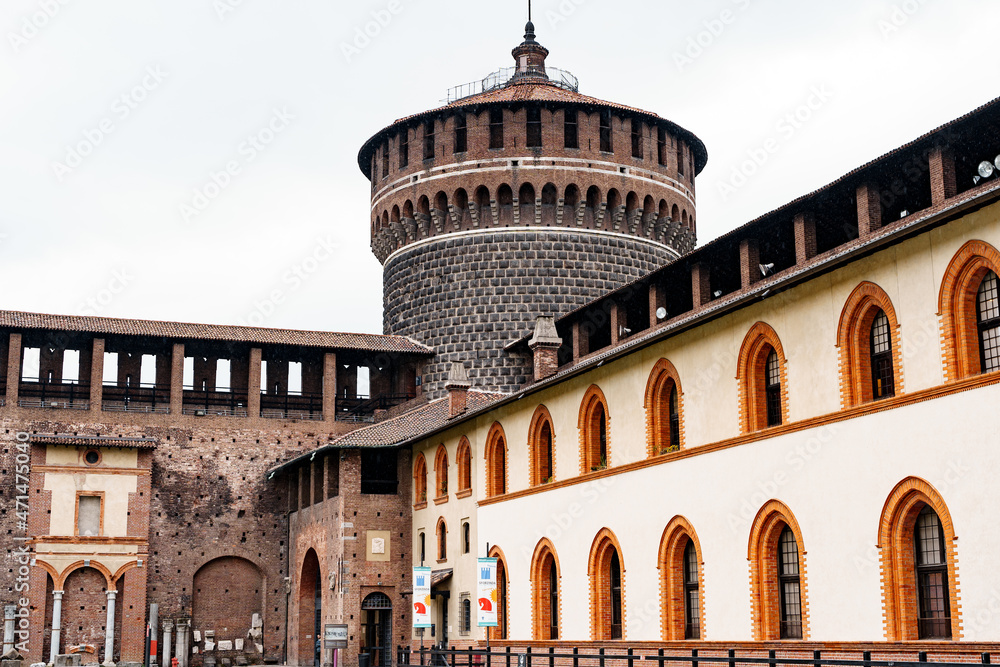 Walls of the Castello Sforzesco castle. Milan, Italy