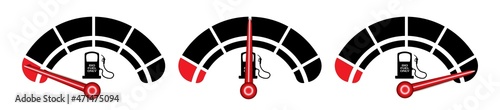 Horizontal fuel meter set indicating half tank vector design. Gas level illustration collection on black background to use in transportation, automotive, logistics, car consumption projects.