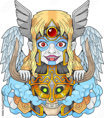 mythological warrior valkyrie with a skull in her hands, illustration design
