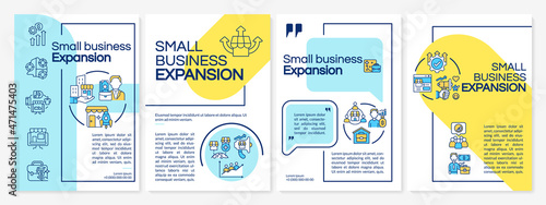 Small business expansion yellow, blue brochure template. Flyer, booklet, leaflet print, cover design with linear icons. Vector layouts for presentation, annual reports, advertisement pages