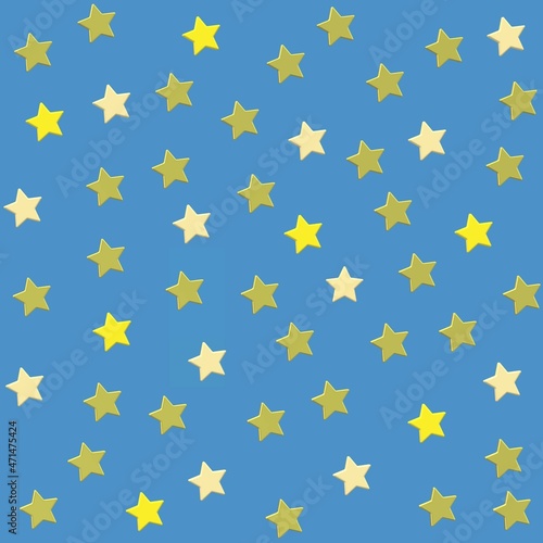 3D illustration. Golden yellow stars on a blue background. Festive pattern. Wrapping paper design.
