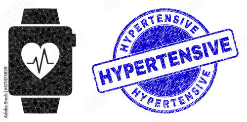 Low-Poly polygonal health tracker watches icon illustration with HYPERTENSIVE corroded stamp. Blue seal contains Hypertensive title inside circle shape.