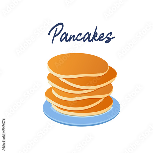 Pancakes on a blue plate on a white background with an inscription