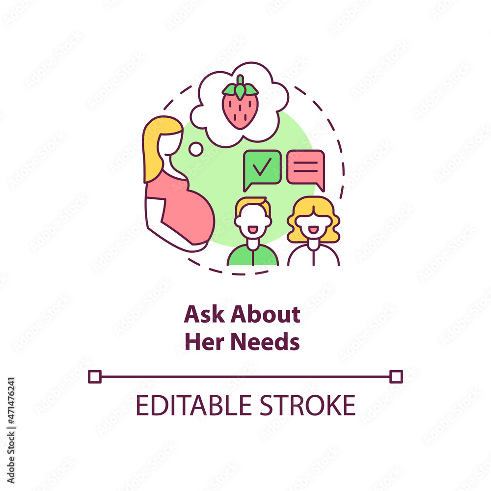 Ask about her needs concept icon. Partner support during pregnancy abstract idea thin line illustration. Expectant mom needs. Eat healthy foods. Vector isolated outline color drawing. Editable stroke