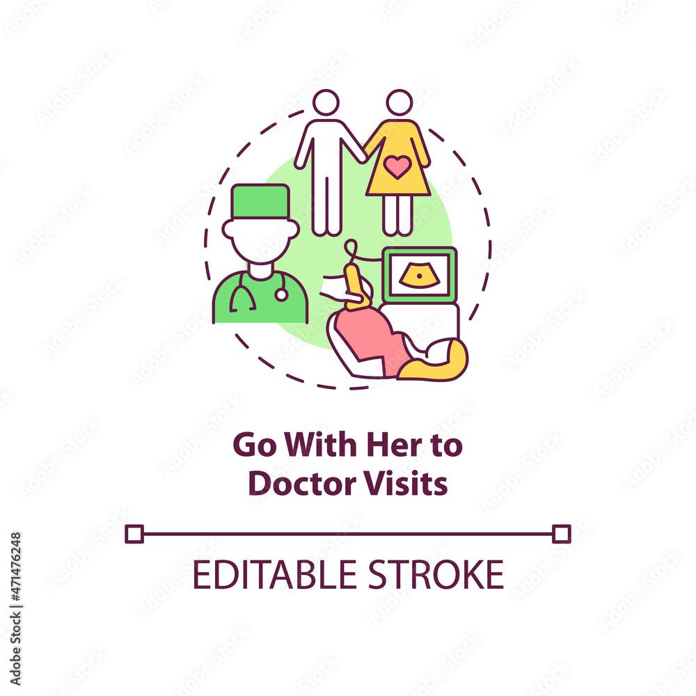 Go with her to doctor visits concept icon. Partner support during pregnancy abstract idea thin line illustration. Medical ultrasound appointment. Vector isolated outline color drawing. Editable stroke