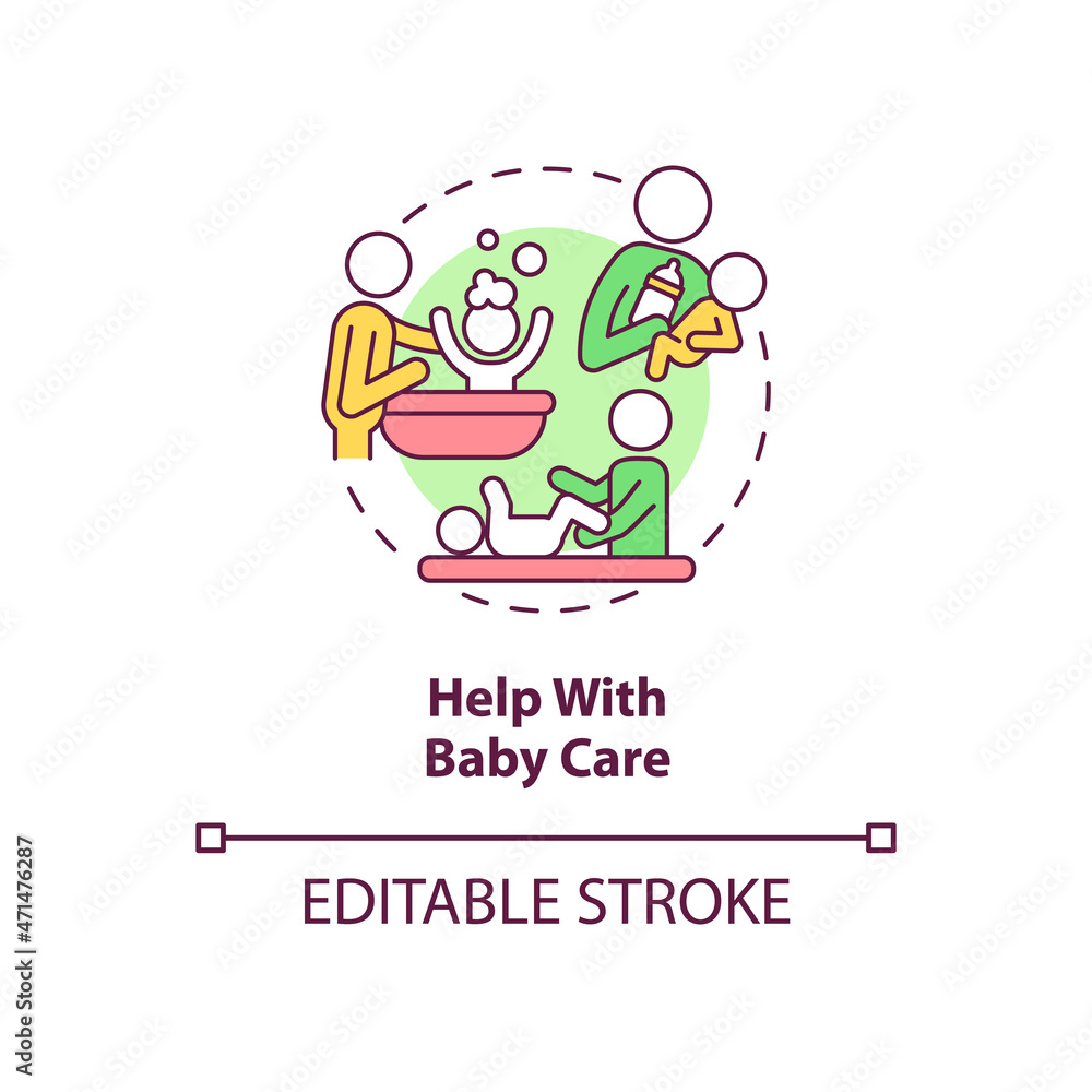 Fototapeta premium Help with baby care concept icon. Partner support during pregnancy abstract idea thin line illustration. Assist with child care responsibilities. Vector isolated outline color drawing. Editable stroke