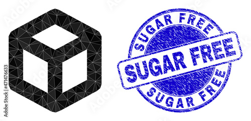 Lowpoly triangulated cube icon illustration, and Sugar Free corroded stamp seal. Blue seal includes Sugar Free tag inside round form. Cube icon filled with triangles.