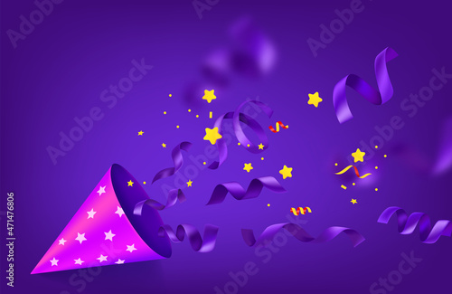 Happy holiday illustration with cone, ribbons and golden confetti. Vector concept