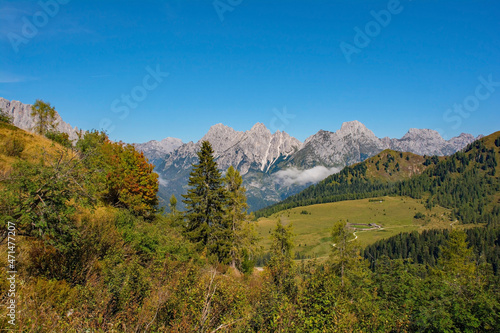 The late summer - early autumn landscape near Sauris di Sopra, Udine Province, Friuli-Venezia Giulia, north east Italy. A summer cow shed building can be seen in the clearing on the right 