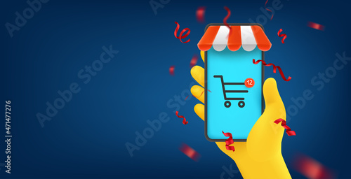 Man holding mobile phone with shopping application. Horizontal vector banner with copy space