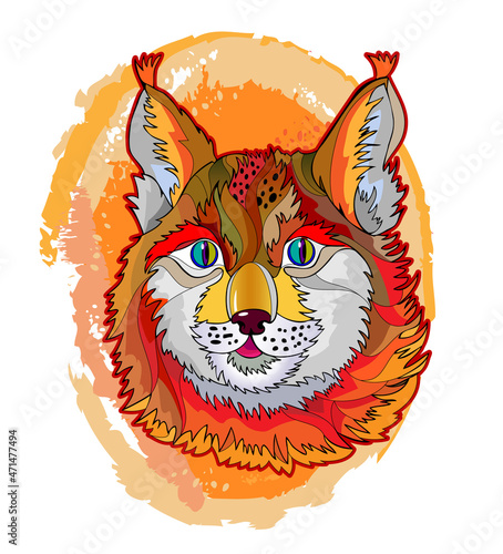 Fantasy illustration of fairyland red lynx. Wildlife animals. Abstract drawing for children fairy tale book. Printable cartoon vector. Decorative print for background, t-shirt, decoration, wallpaper.