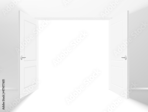 Opened double door entrance in a corridor. Realistic 3d style vector illustration