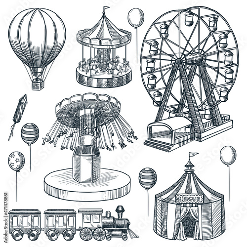 Amusement park design elements. Vector hand drawn sketch illustration. Circus tent, carousel, ferris wheel icons