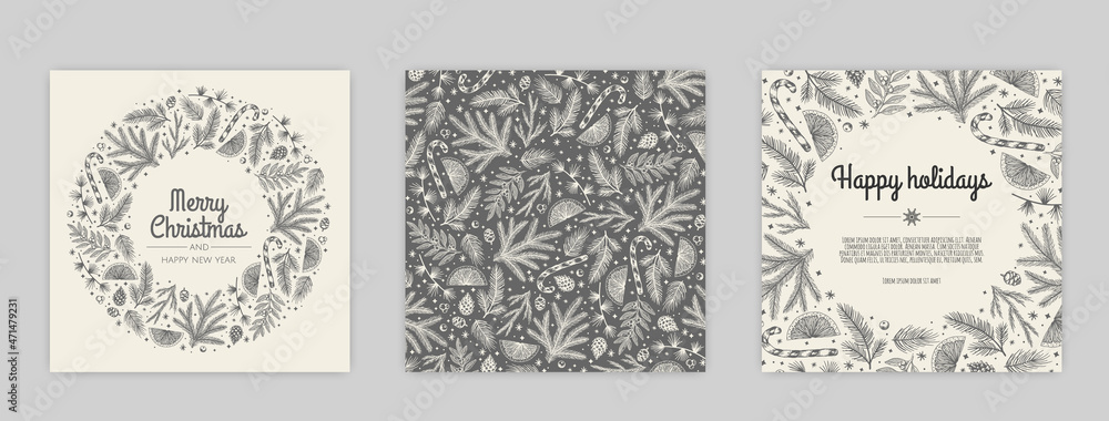 Fototapeta premium Merry Christmas and Happy New Year Set of backgrounds, greeting cards, posters, holiday covers.