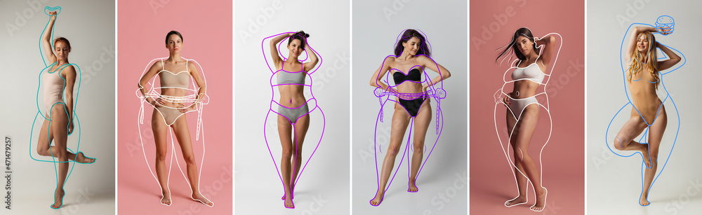 Collage made of portraits of young beautiful women with perfect body shape in underwear isolated over colored background. - obrazy, fototapety, plakaty 
