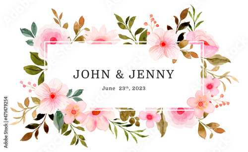 Cute pink flower border with watercolor