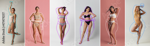Collage made of portraits of young beautiful women with perfect body shape in underwear isolated over colored background.