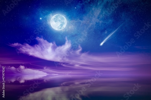 Bilde på lerret Amazing mysterious image – rising full moon, falling comet or shooting star and pink clouds above serene sea