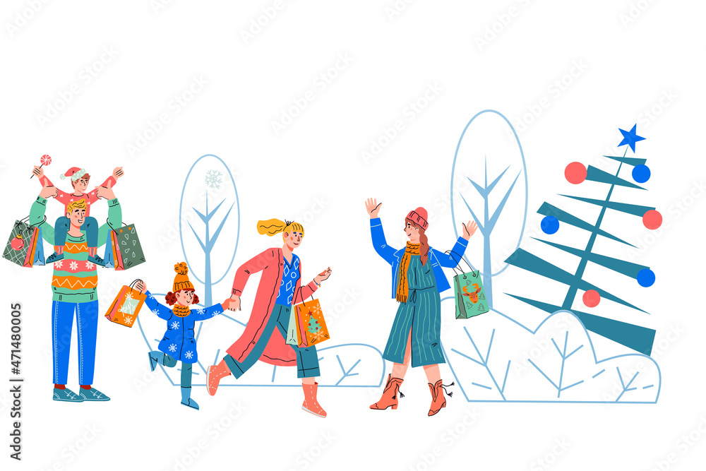 Fototapeta premium Winter Christmas banner backdrop with people buying gifts. Christmas and New Year shopping, seasonal sales and fairs, holiday market layout, flat vector illustration isolated on white background.