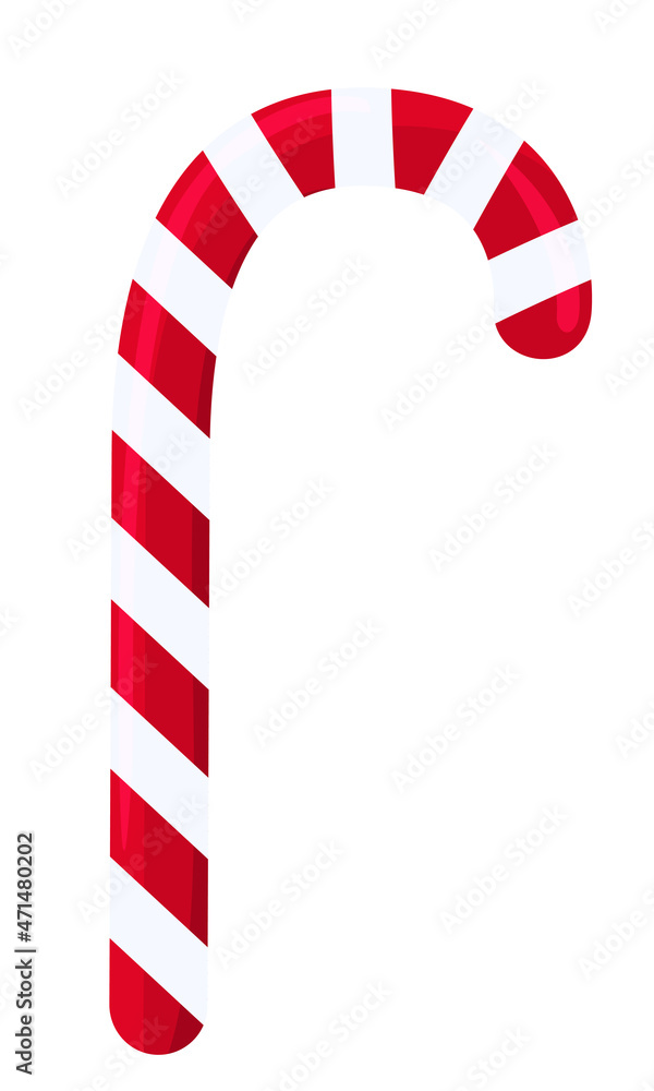 Fototapeta premium Candy cane colored flat icon isolated on white background. Christmas candy, red with white stripes. Vector illustration in a flat style