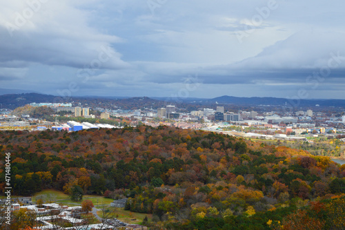 Downtown Chattanooga cityscape and fall foliage from Lookout Mountain during overcast morning © Quinn