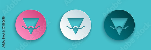 Paper cut Earth element of the symbol alchemy icon isolated on blue background. Basic mystic elements. Paper art style. Vector