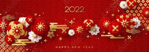 Fototapeta Naklejka Na Ścianę i Meble -  Chinese Greeting Card or Poster for 2022 New Year. Vector illustration. Golden Flowers, Clouds and Asian Elements Border on Red Background.