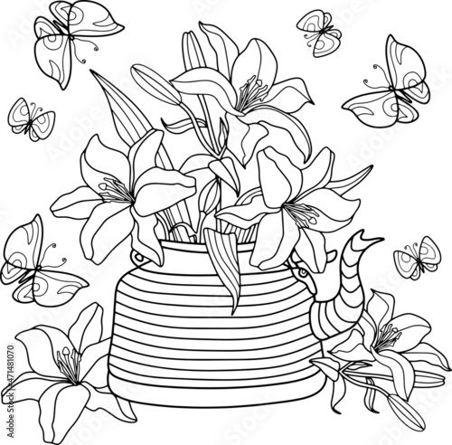 Coloring page for adult and children. Lilies in teapot