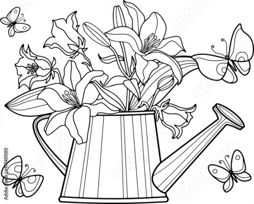 Coloring page for adult and children. Lilies in a watering can