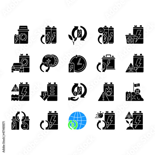 Battery recycling black glyph icons set on white space. Discharged accumulator reuse. Electronic waste recovery. Environment care. Ecological activity. Silhouette symbols. Vector isolated illustration