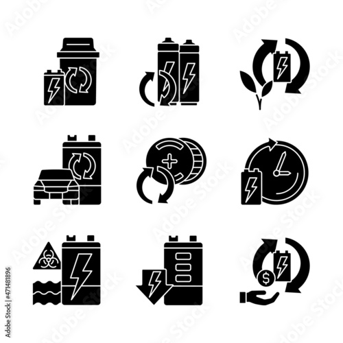 Battery processing black glyph icons set on white space. Accumulators and energy cells reuse. Recycling technology. E-waste correct disposal. Silhouette symbols. Vector isolated illustration