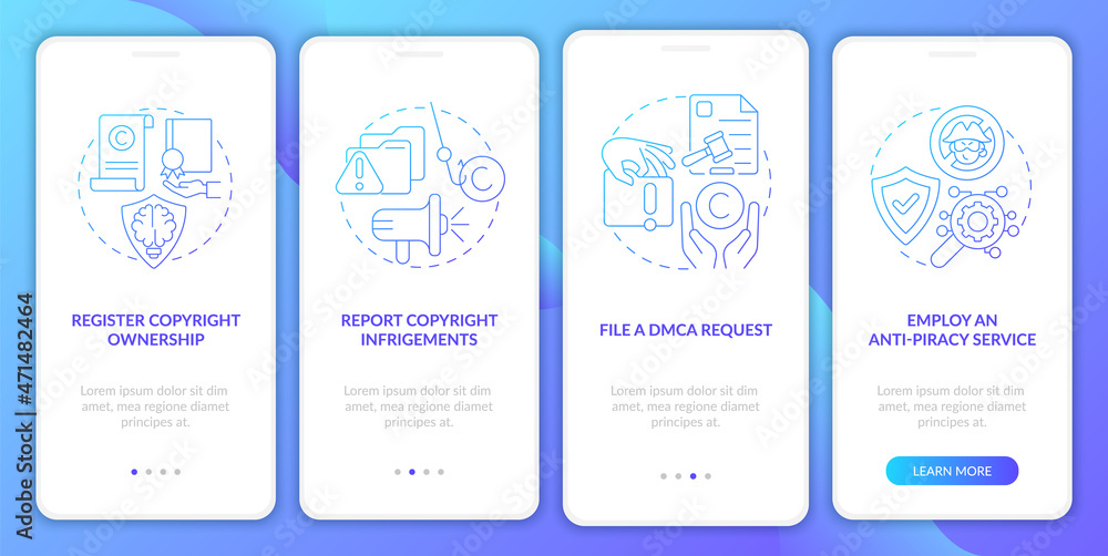 Piracy prevention onboarding mobile app page screen. File DMCA request walkthrough 4 steps graphic instructions with concepts. UI, UX, GUI vector template with linear color illustrations