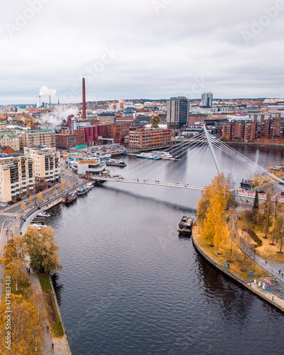 Aerial autumn landscape with bridge Laukonsilta in center of Tampere, Finland. photo