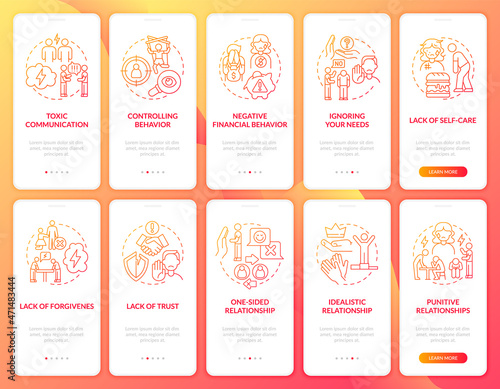 Abusive connection onboarding mobile app page screen. Toxicity and hostility walkthrough 5 steps graphic instructions with concepts. UI, UX, GUI vector template with linear color illustrations
