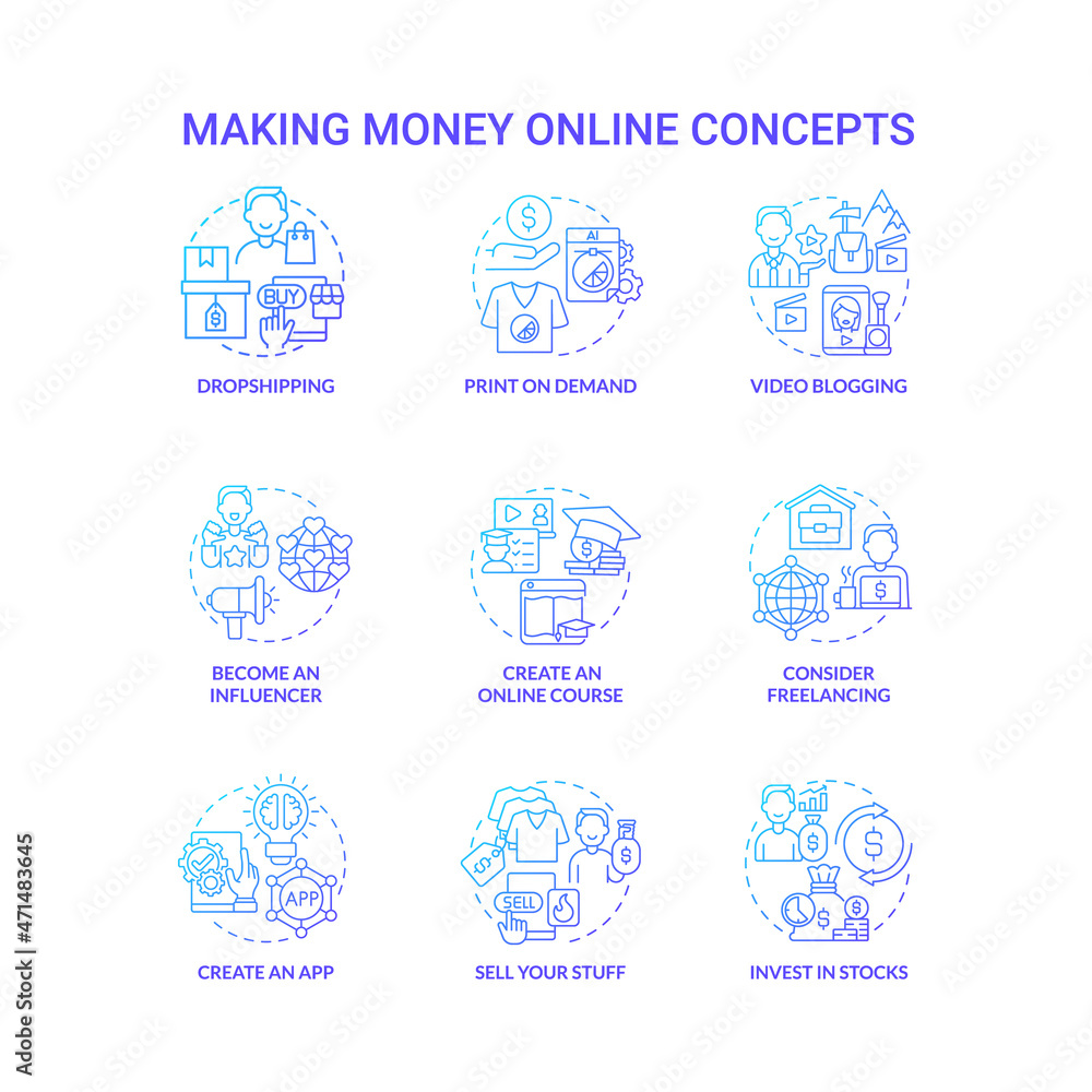 Making money online blue gradient concept icons set. Digital entrepreneurship idea thin line color illustrations. Invest in stocks. Print on demand. Dropshipping. Vector isolated outline drawings