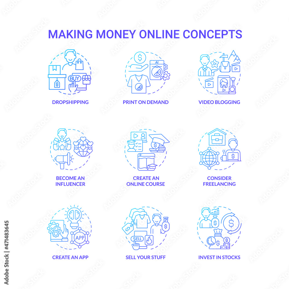 Making money online blue gradient concept icons set. Digital entrepreneurship idea thin line color illustrations. Invest in stocks. Print on demand. Dropshipping. Vector isolated outline drawings Making money online blue gradient concept icons set. Digital entrepreneurship idea thin line color illustrations. Invest in stocks. Print on demand. Dropshipping. Vector isolated outline drawings