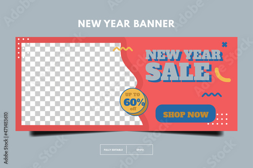 Horizontal banner template. Social media promotion template. New year sale 80s retro post template. memphis social media design.