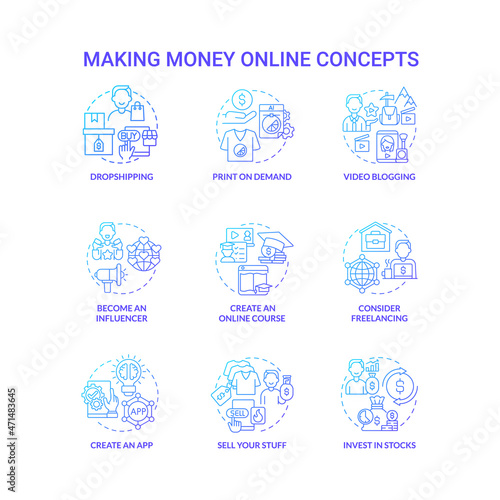 Making money online blue gradient concept icons set. Digital entrepreneurship idea thin line color illustrations. Invest in stocks. Print on demand. Dropshipping. Vector isolated outline drawings