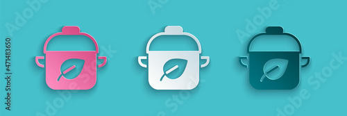Paper cut Vegan food diet icon isolated on blue background. Organic, bio, eco symbol. Vegan, no meat, lactose free, healthy, fresh and nonviolent food. Paper art style. Vector