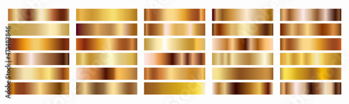 Gold, bronze, cooper and golden foil texture gradation background set. Vector shiny and metallic gradient collection for border, frame, ribbon, label design