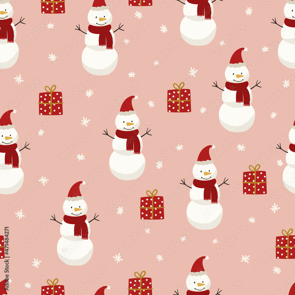 Christmas Seamless pattern with snowman, vector background, digital paper for textile, fabric, wrapping paper, wallpaper, stationery
