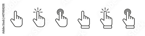 Hand cursor icon. Click hand mouse pointer. Finger tap vector sign. Click button symbol.