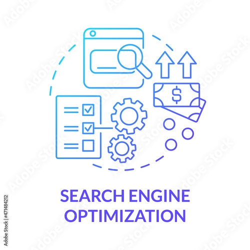 Search engine optimization blue gradient concept icon. Online entrepreneur skill abstract idea thin line illustration. SEO in marketing. Online content. Vector isolated outline color drawing